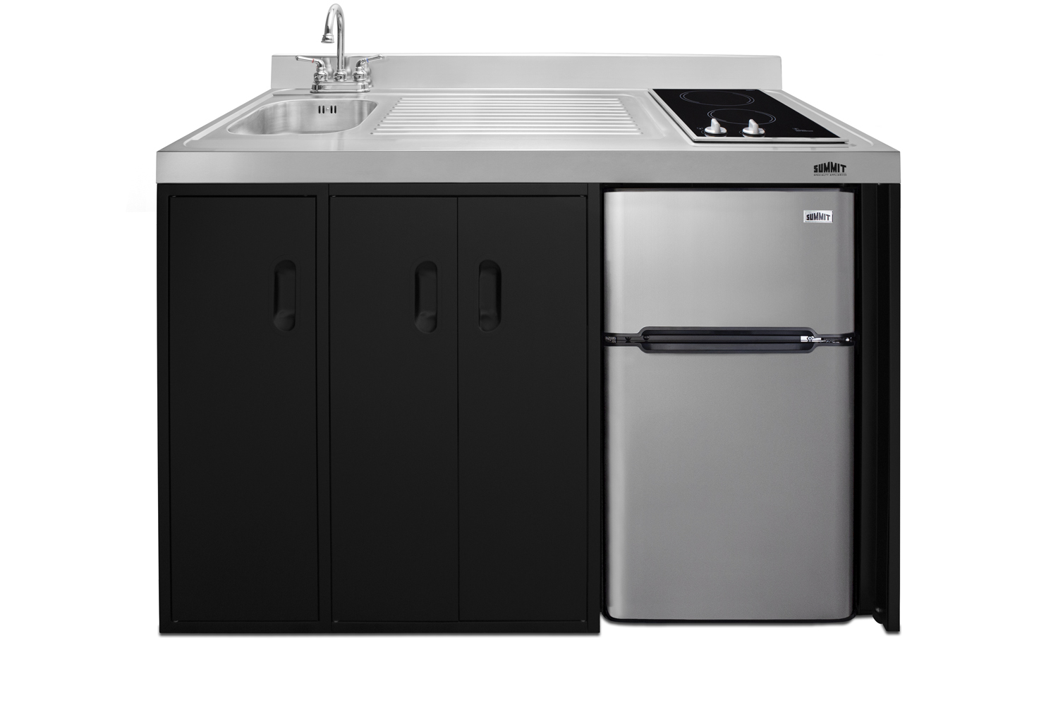 54 inch wide all-in-one kitchenette in black with a removable 2-burner 115V smooth top cooktop, 2-door refrigerator-freezer, sink, and two storage cabinets